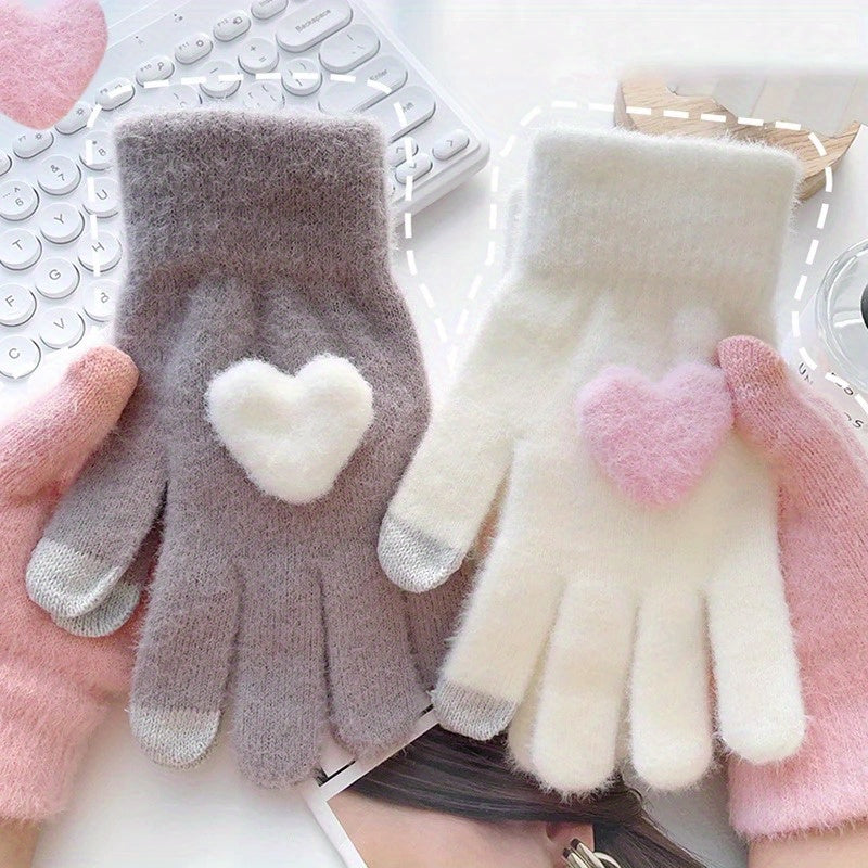 1 Pair Cozy Plush Love Heart Gloves for Women - Soft, Warm Touchscreen Mittens in Pink, Light Gray, White, and Beige - Thick Knit Winter Gloves with Elastic Fit for Evening Dates, Gloves for Cold Weather